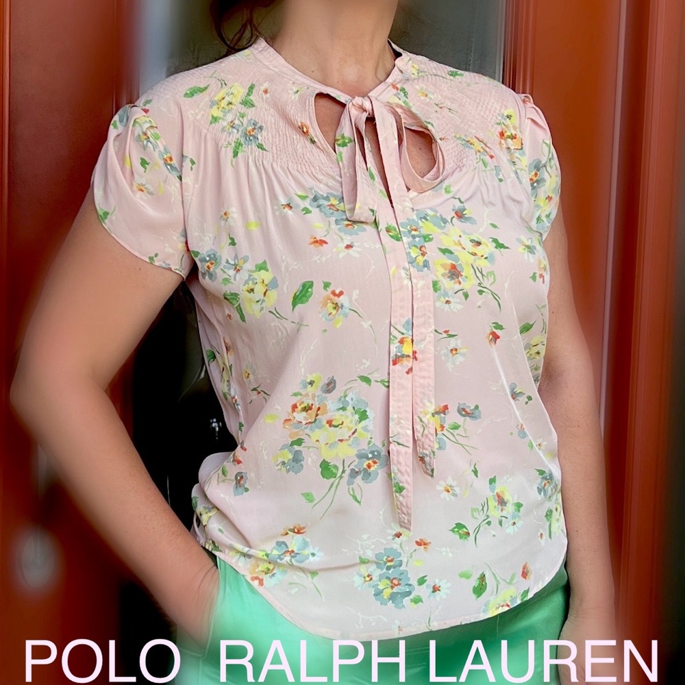 POLO RALPH LAUREN Short sleeve Smocked Pussybow VISCOSE blouse size XS-M